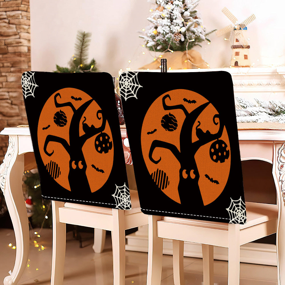 festliche Halloween-Stuhlhussen aus dehnbarem Polyester mit Hexenhut- und Schriftzug-Motiv