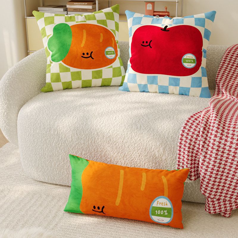 Plush Square Decorative Cushion with Cartoon Carrot Print and Checkerboard Backing