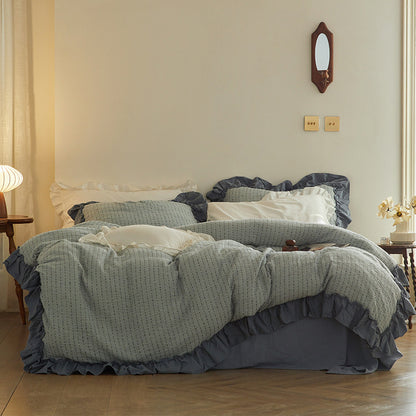 Gestepptes gewaschenes Baumwoll-Rüschendeckenbezug-Set mit Kissenbezügen und Bett-Skirt