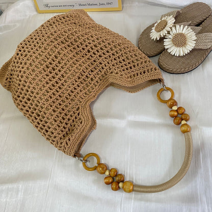 Handgeknüpfte Makramee-Tasche mit Holzgriffen Brehn