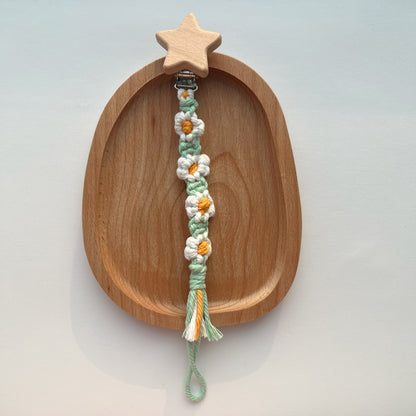 Baumwolle Häkelblumen Schnuller und Beißring Clip mit Holz Herz Sicherheitsclip