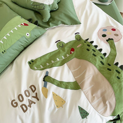 Wendbares Baumwollsatin-Bettwäscheset mit 3D-Krokodil-Applikation und Kuschelkissen