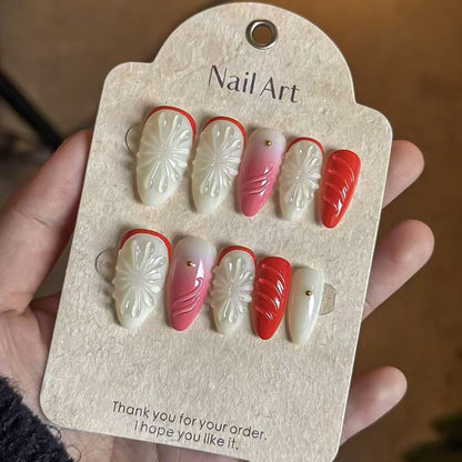 Handgefertigtes Blumen Press-On Nagelset Brehn