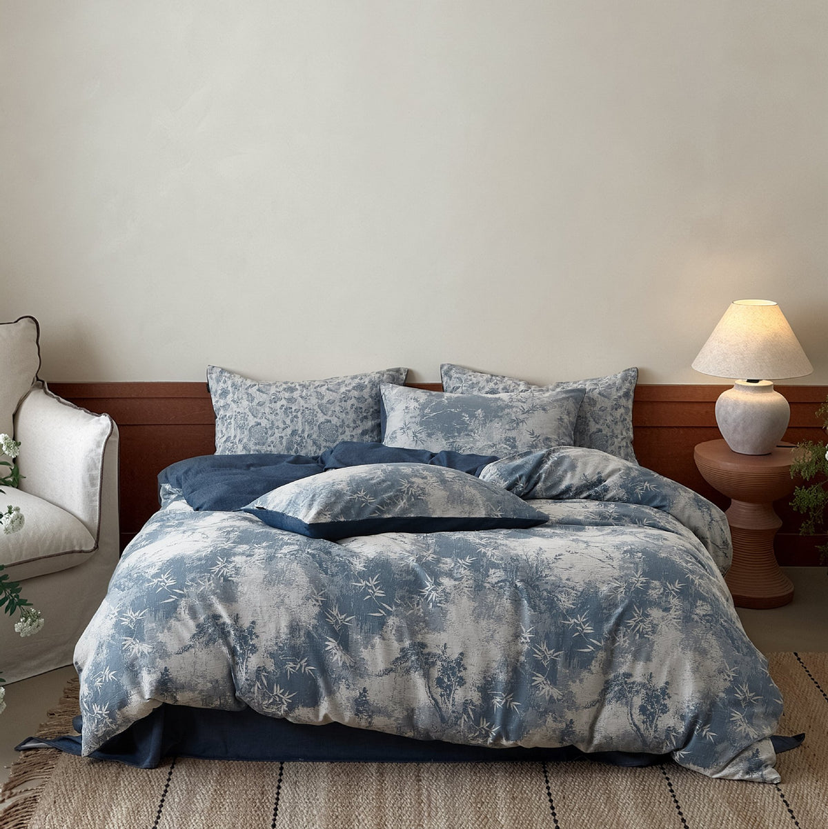 Gepflegter Leinenmischung Botanischer Jacquard Bettbezug und Kissenbezug Set
