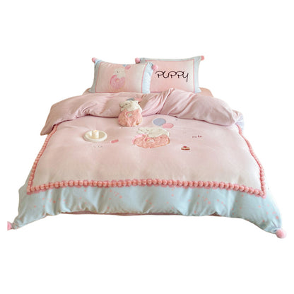 Kinderbettwäsche-Set mit Teddy-Fleece-Decke, Pompon-Saum und niedlichem Welpen-Motiv