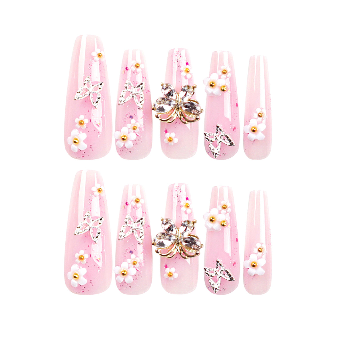 Kunstvolle Nagelverlängerungen mit Glitzer und floralen Akzenten Brehn