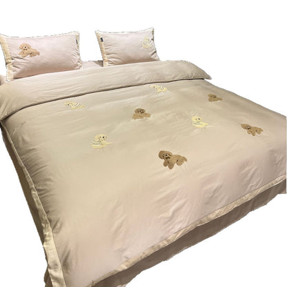 Gesticktes Plüsch Teddy Satin Bettbezug Set mit Kissenbezügen