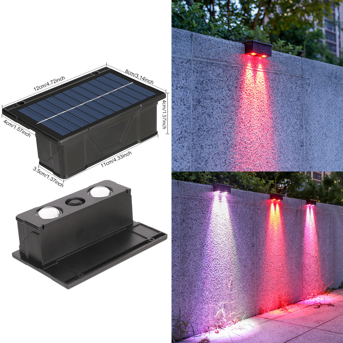 Outdoor Solar RGB Dual-Strahl Wandlampe mit integriertem photovoltaischen Panel und wetterfestem Montagesockel Brehn
