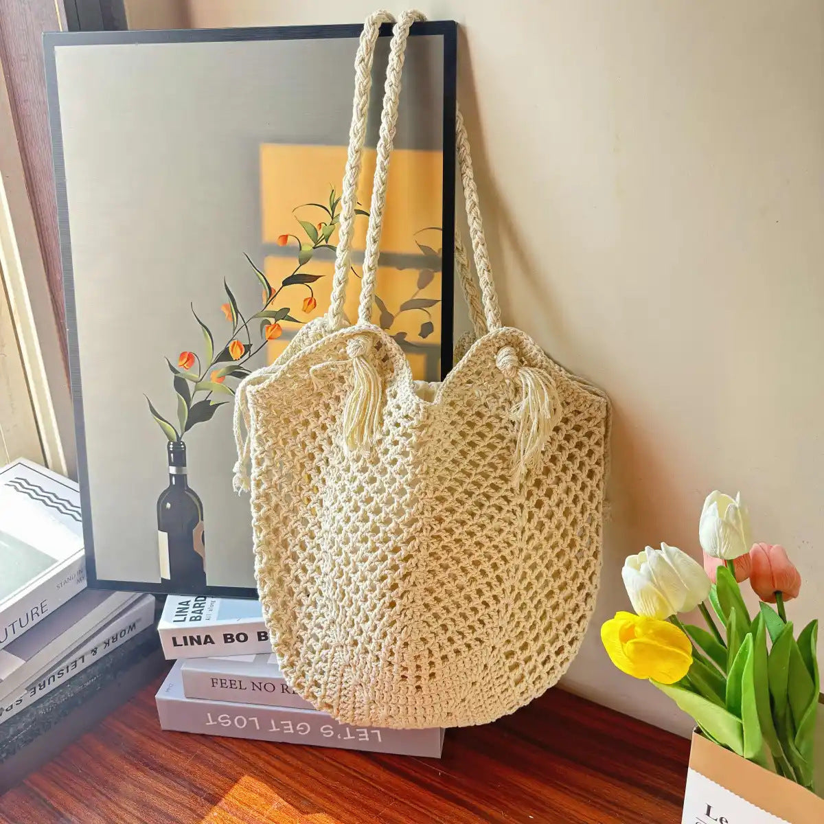 Handgefertigte Basttasche mit Quasten Brehn