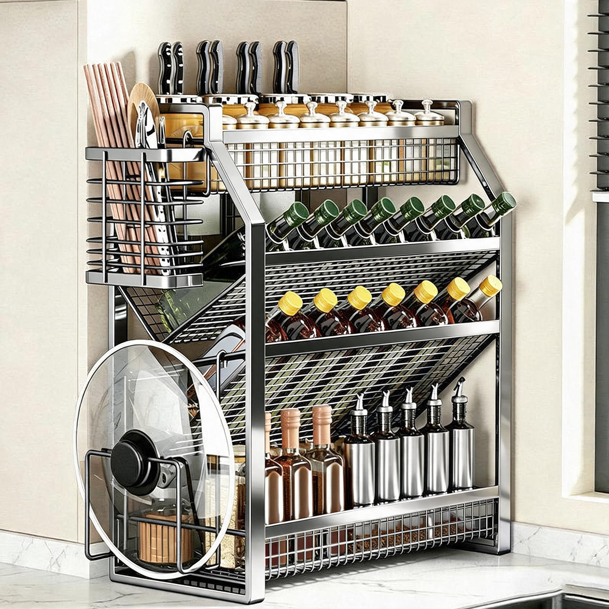 Drei-Tier-Mesh-Arbeitsplatten-Küchenorganisator-Regal für Flaschen und Gewürze