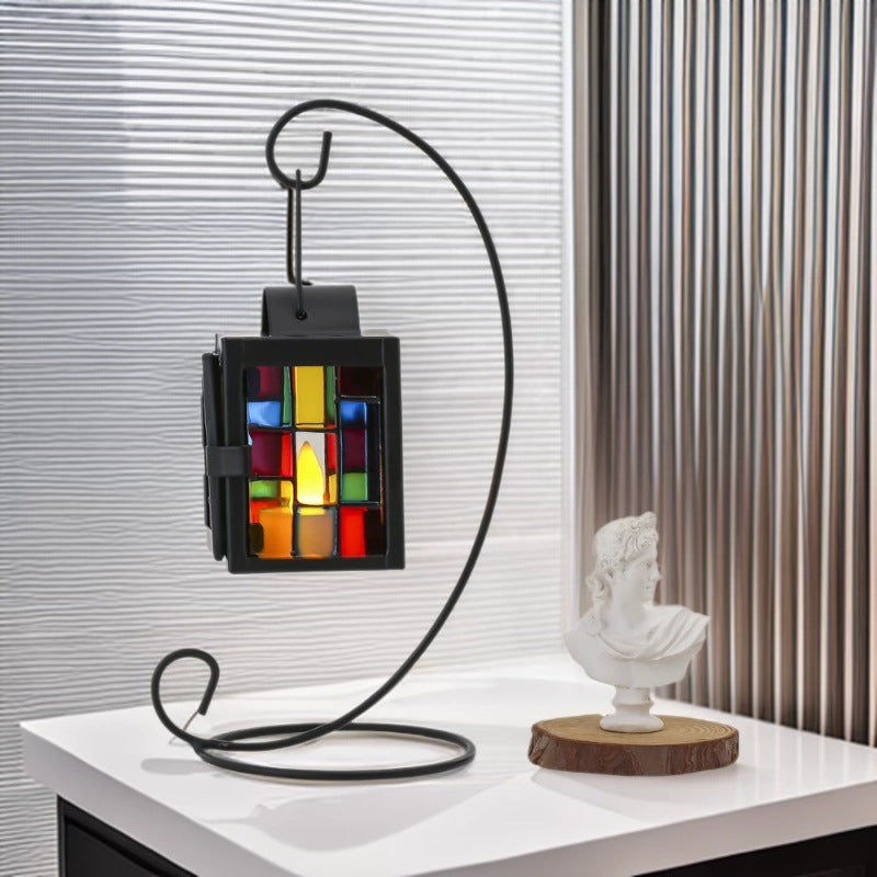 Buntglas-Mosaik-Hängeteelichthalter mit Metallrahmen Brehn