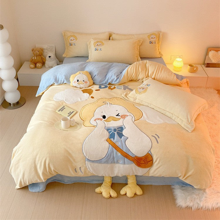 Kuscheliges wendbares Bettwäsche-Set mit gesticktem Enten-Motiv, Applikationen und Kuschelkissen Brehn