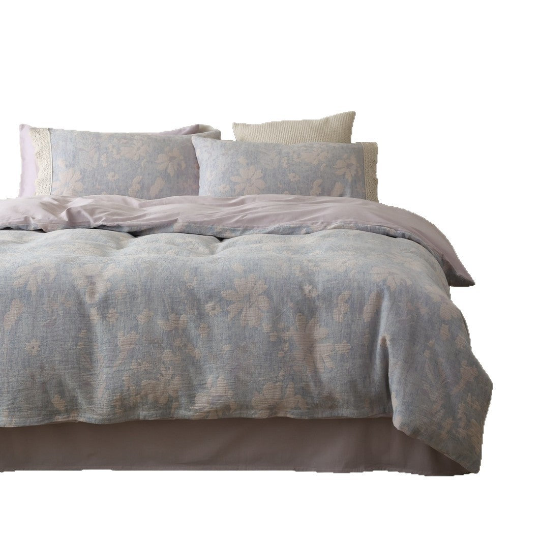 Florales Jacquard Bettbezug-Set mit Häkelspitzenbesatz