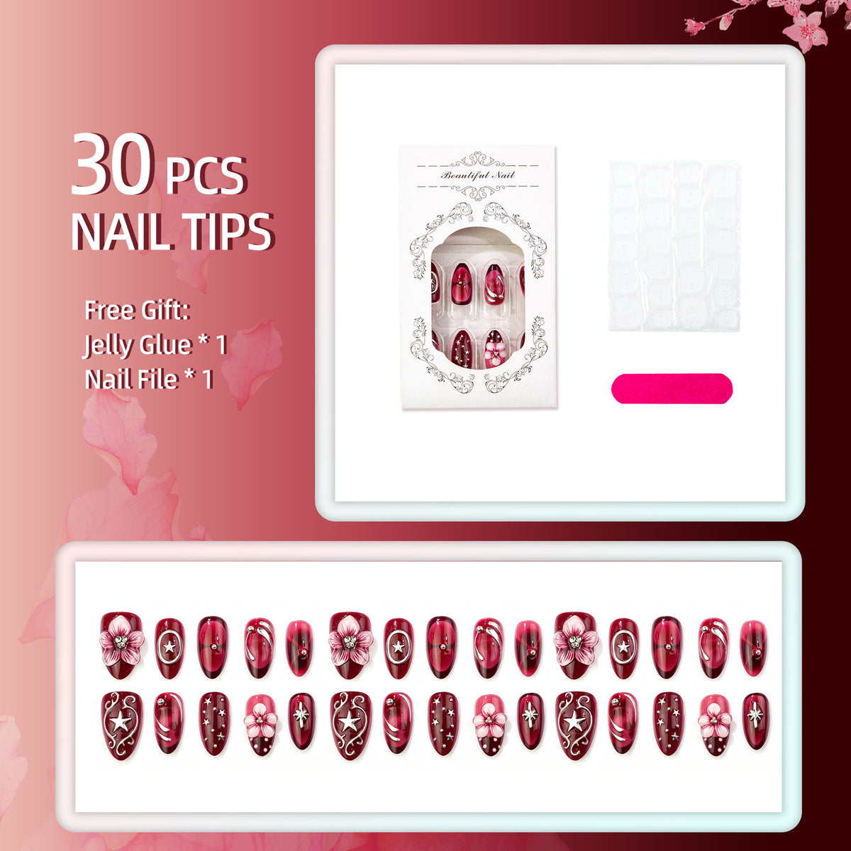 Künstlerisches Blumendruck-Press-On-Nagelkunstset
