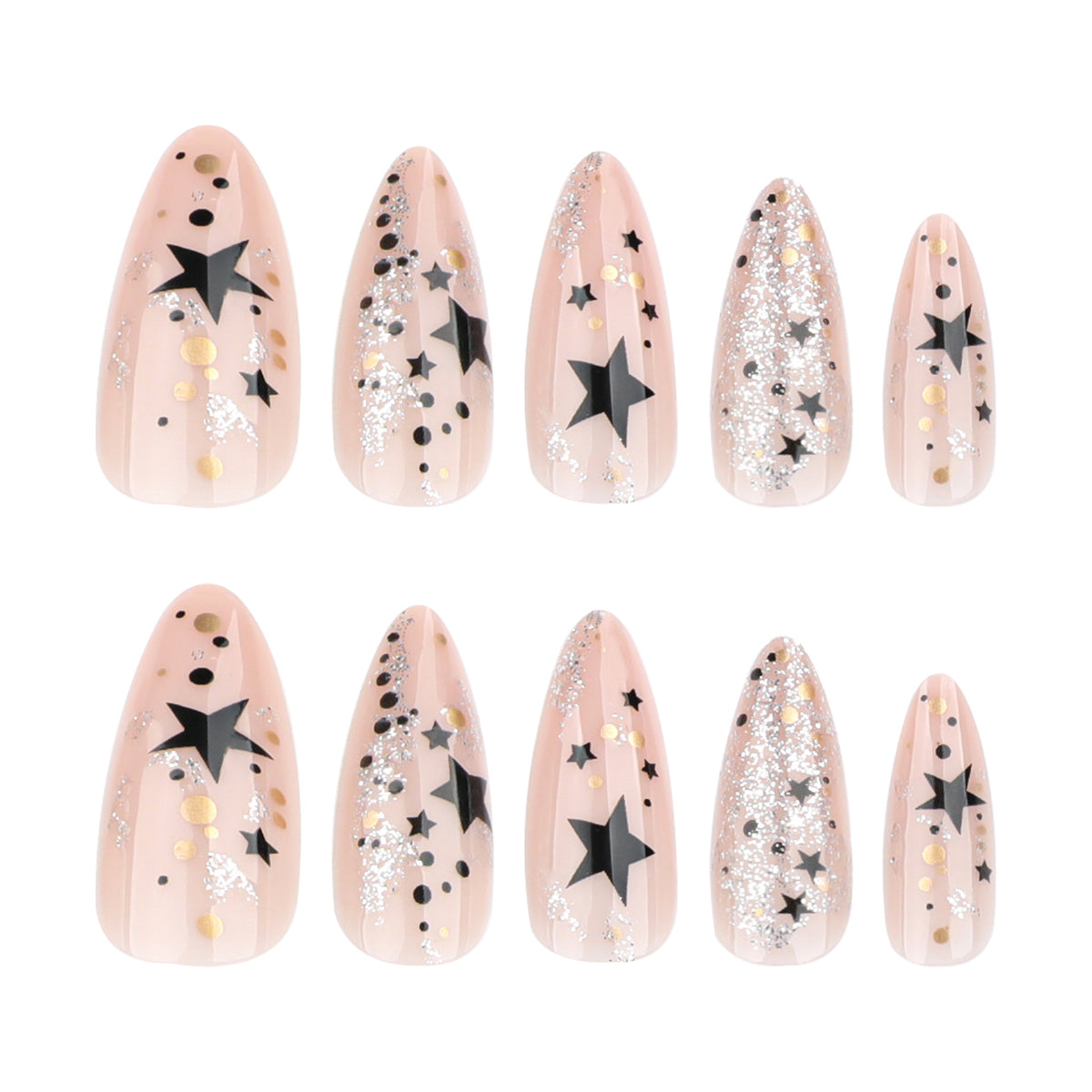 Kunstvolle Stiletto-Nägel mit Glitzer- und Sternenmotiv Brehn