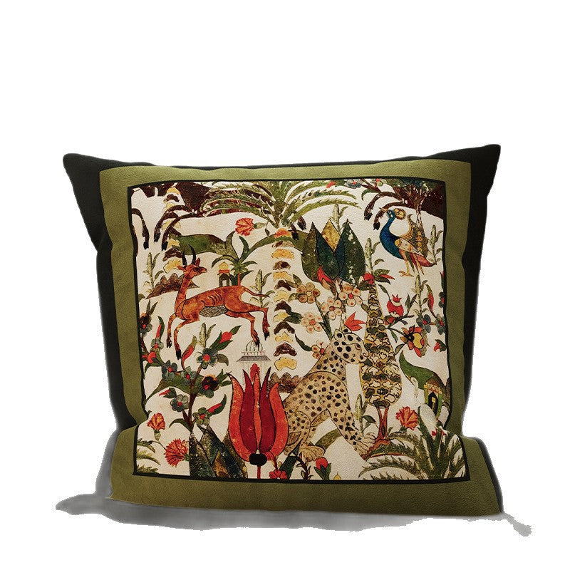 Square Velvet Accent Pillow Cover with Vintage Botanical Tapestry Print and Contrast Border