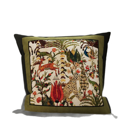 Square Velvet Accent Pillow Cover with Vintage Botanical Tapestry Print and Contrast Border