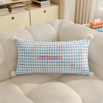 Rectangular Argyle-Pattern Lumbar Pillow Cover with Embroidered Slogan, Cat Motifs and Pom-Pom Corners