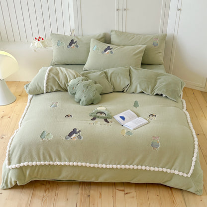 Plüsch Cartoon Applikation Pom-Pom-Borte Fleece Bettbezug Bettwäsche Set