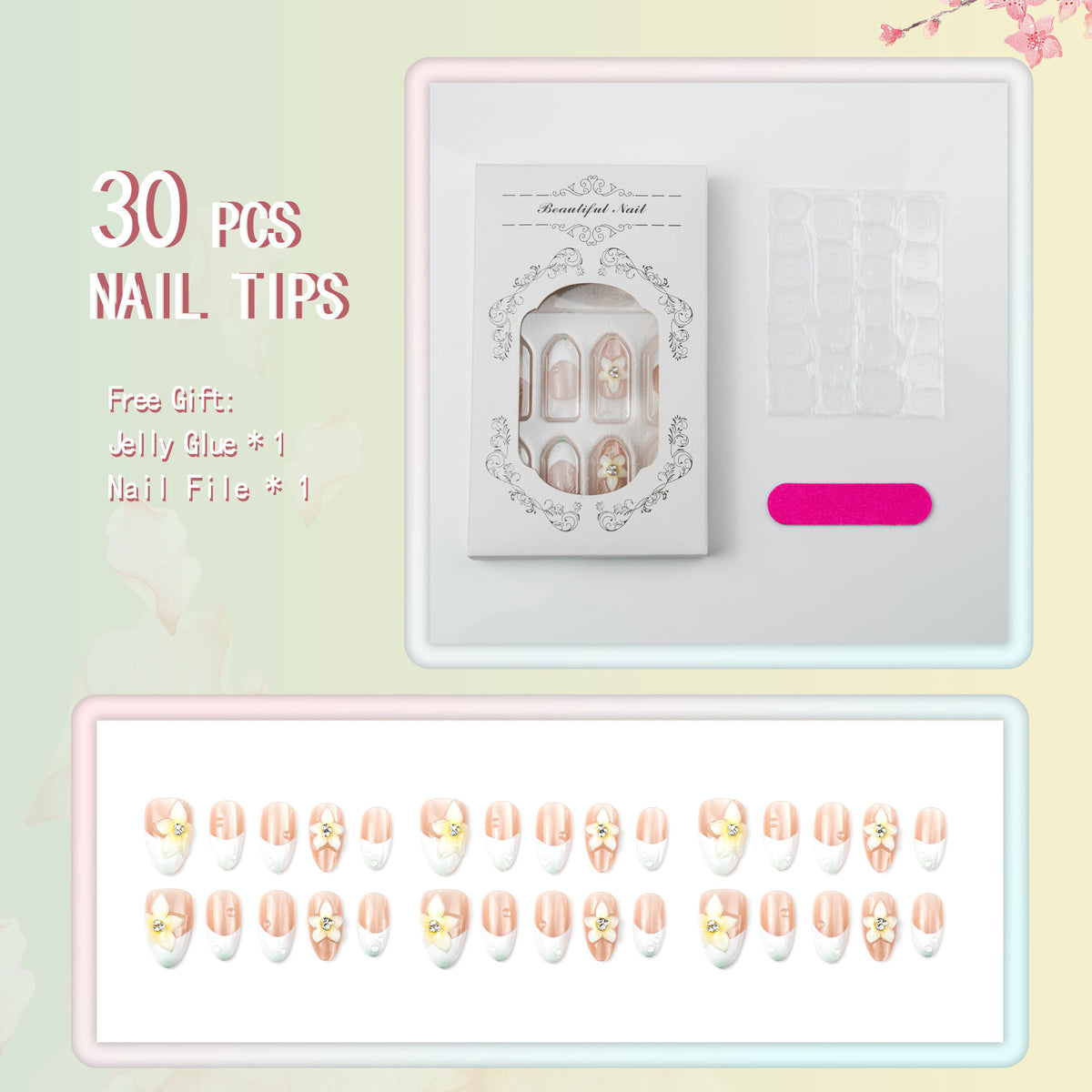 Kunstnagelset mit eleganten floralem Design Brehn