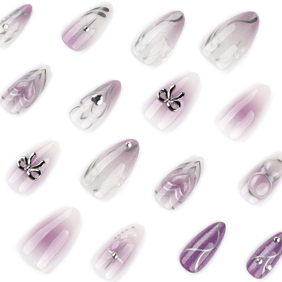 Kunstvolle Nagelkunst mit glänzenden Akzenten und zartem Lila Brehn