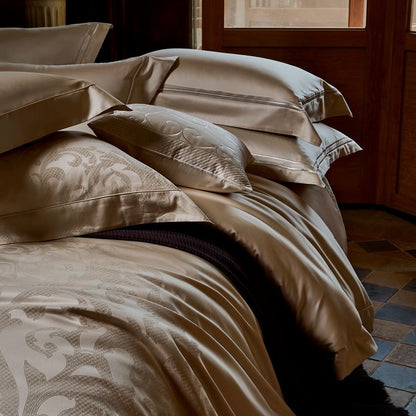 Luxuriöses Jacquard-Damaskus-Baumwollsatin-Bettbezug-Set mit Umschlag-Kissenbezügen