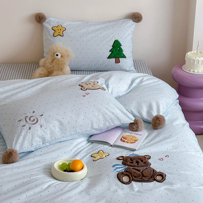 Plüsch Bestickter Bären Bettdeckenbezug Set mit Pom-Pom Ecken