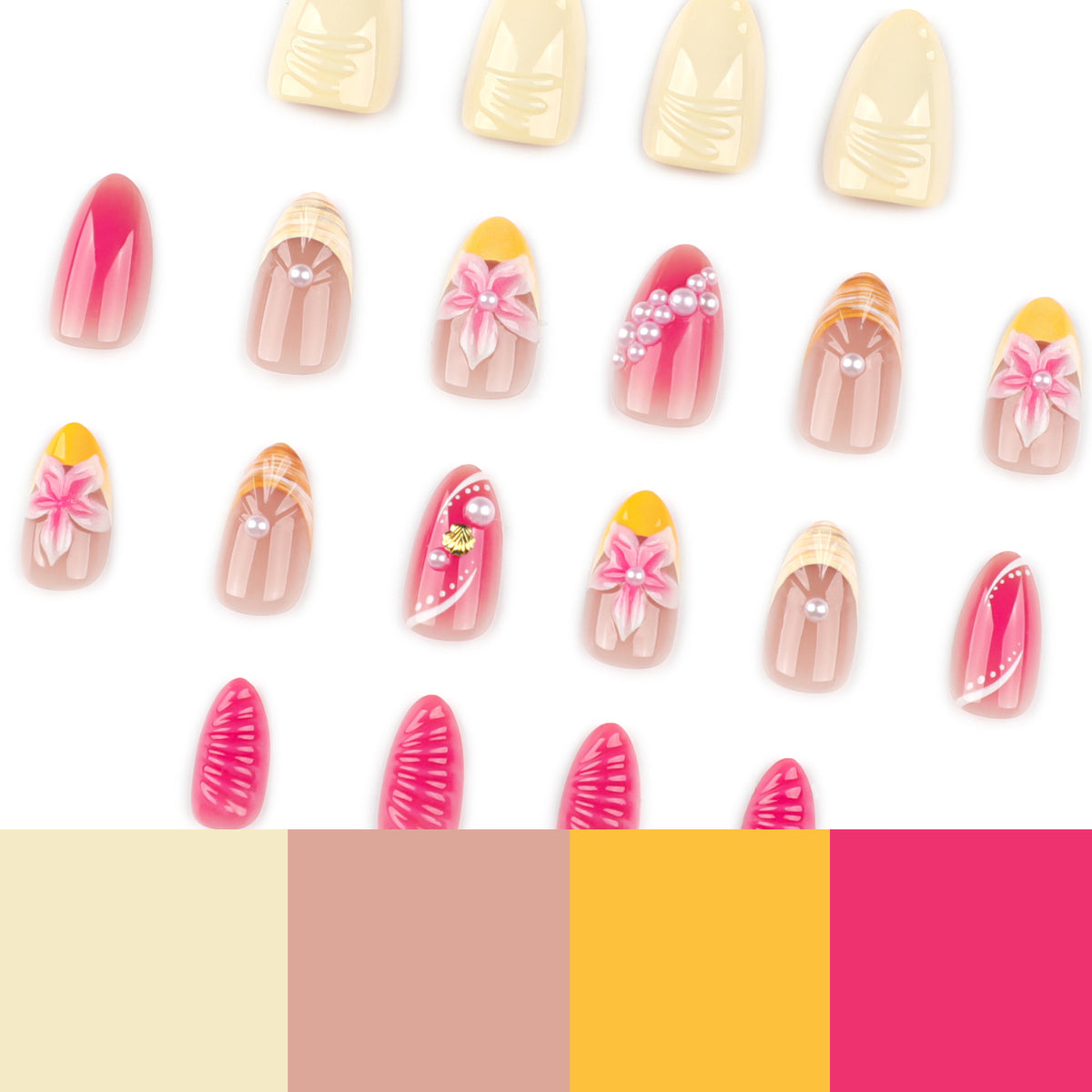 Kunstvolle Nagelverlängerungen mit floralen und perlenverzierten Akzenten Brehn