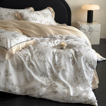 Luxuriöses Aquarell-Rosen-Satin-Duvet-Bezug-Set mit Satin-Rückseite und geflammten Kissenbezügen