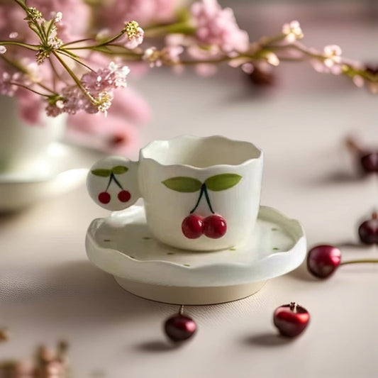Handgeformte Espresso-Tasse mit gewelltem Rand, runder Griffplatte und appliziertem Kirschenrelief