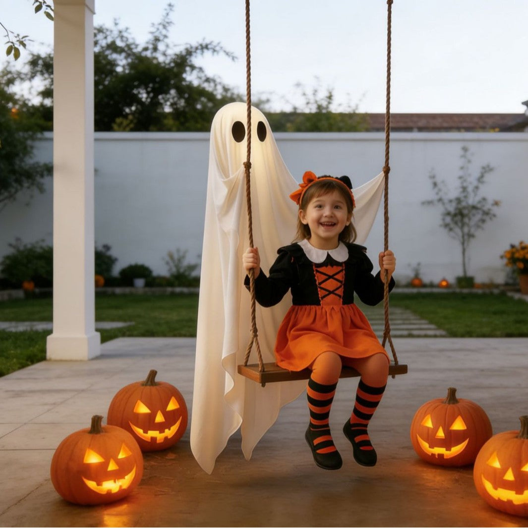 Kinder-Halloween-Kostümkleid mit Schnürmieder, Tüllrock und gestreiften Kniestrümpfen