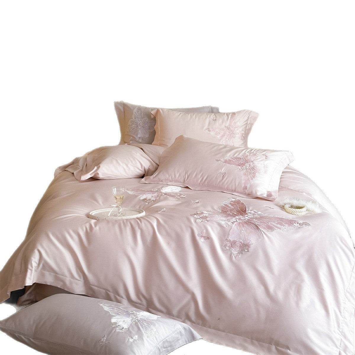Seidengefühl Satin Schmetterling Bestickte Bettbezug und Kissenbezug Bettwäsche Ensemble