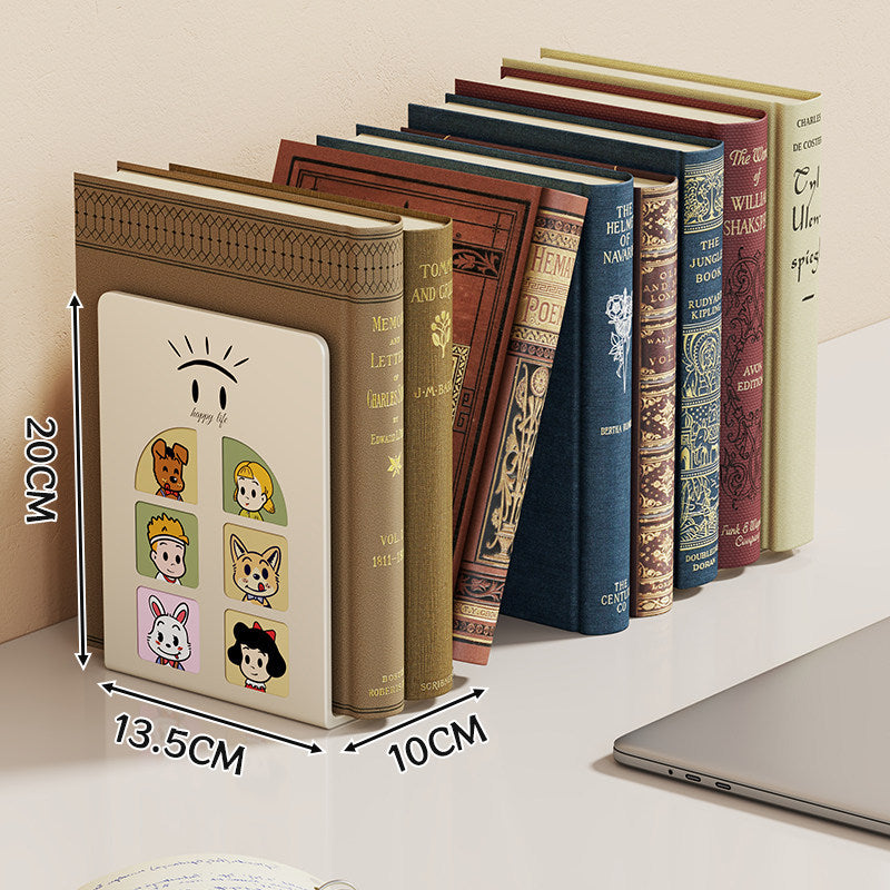 Niedlicher Cartoon Desktop Metall Buchstütze mit rutschfester Basis und dekorativem Panel