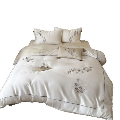 Seidiger Sateen Besticktes Botanisches Bettwäsche-Set mit Paspelrand und Quastenakzentkissen