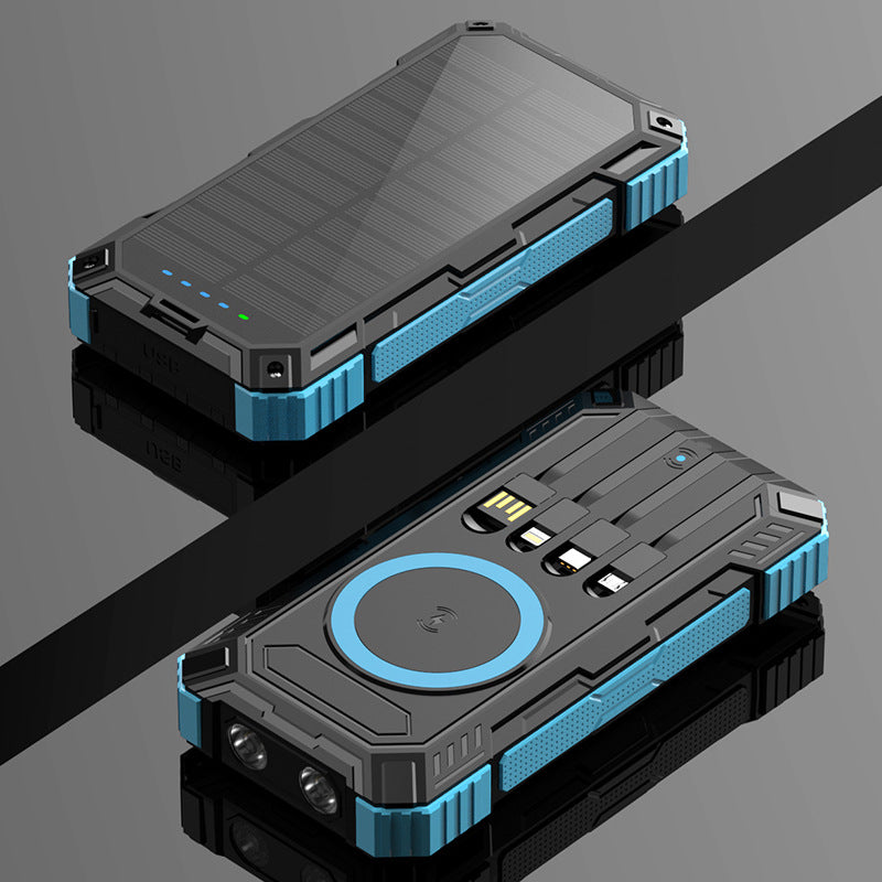 Robuste Solar-Powerbank mit Multifunktionalem Ladekabel und Integriertem Qi-Ladegerät Brehn