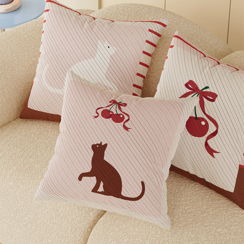 Square Cotton-Linen Throw Pillow Cover with Whimsical Cat Silhouette and Festive Cherry Ribbon Print
