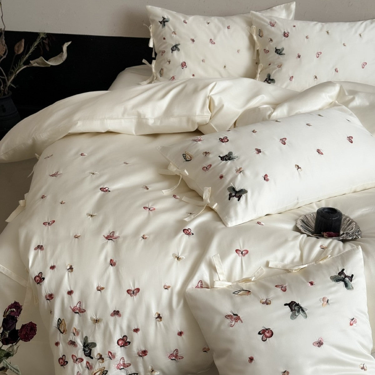 Bestickte Schmetterling Baumwollsatin Bettbezug Set