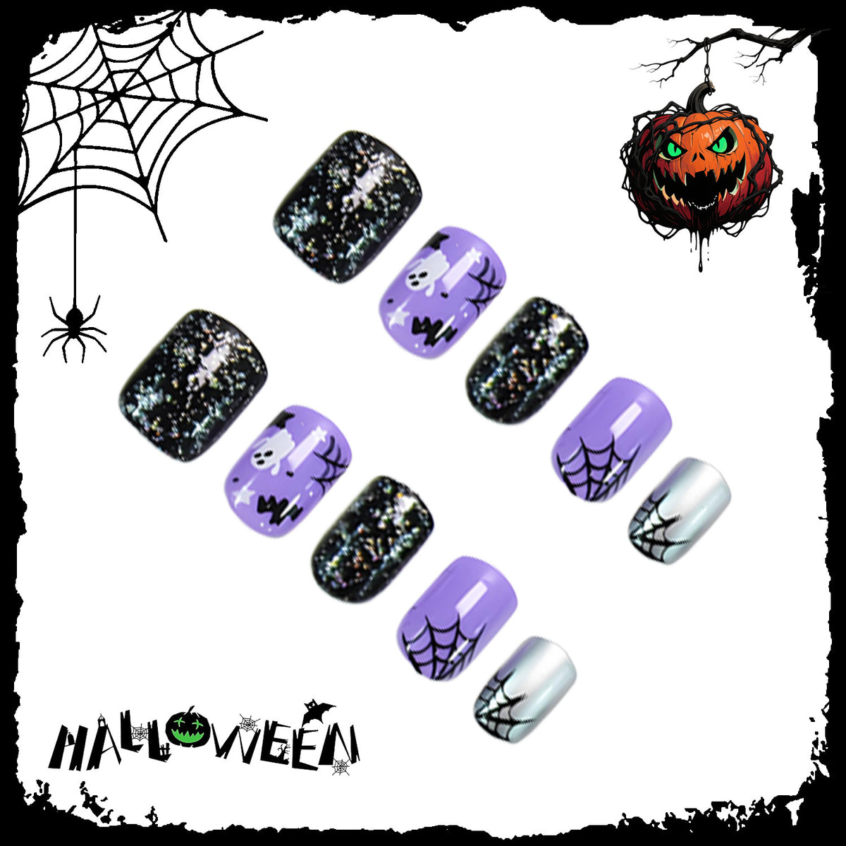 Halloween Kunstnagelset mit spooky Motiven und Glitzerakzenten Brehn