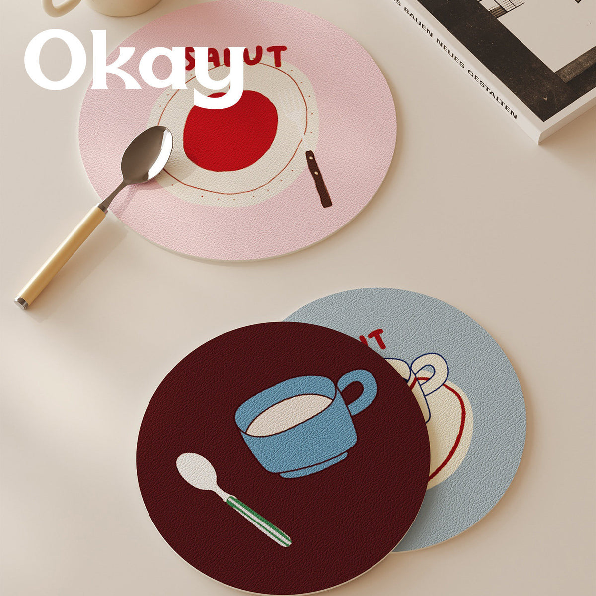 Round Decorative Absorbent Cork Coaster Set with Metal Stand and Fruit Plate Illustration