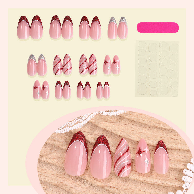 Dekorativer Press-On-Nagelset mit Glitzer und gestreiftem Design Brehn