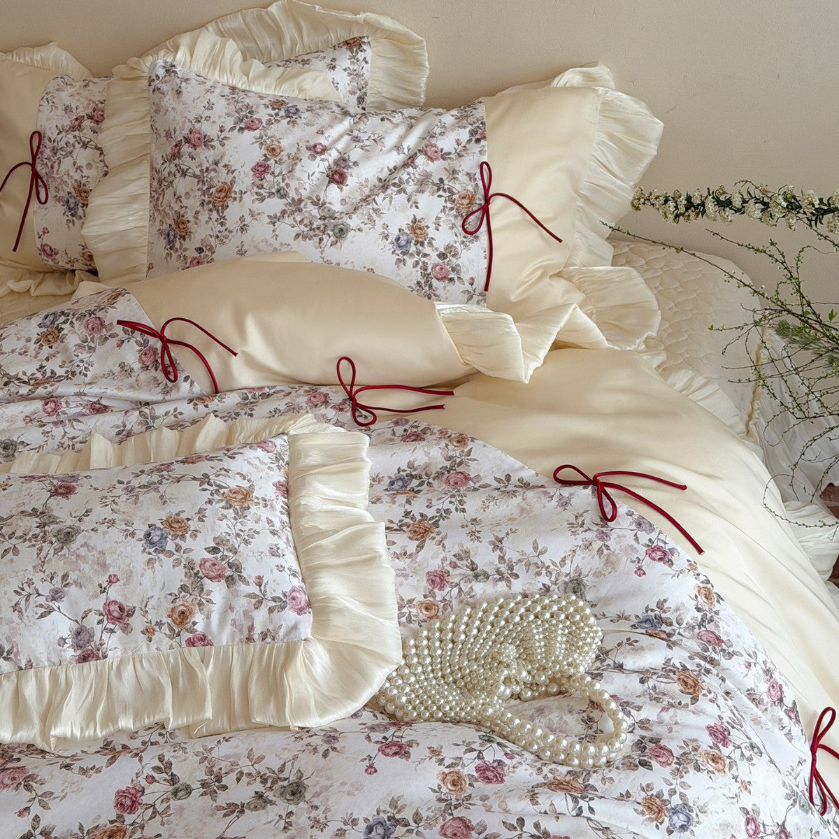 Vintage Floral Rüsch Luxus Baumwolle Bettbezug und Kissenbezug Set