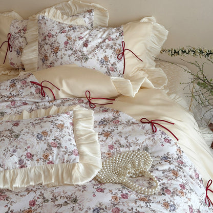 Vintage Floral Rüsch Luxus Baumwolle Bettbezug und Kissenbezug Set