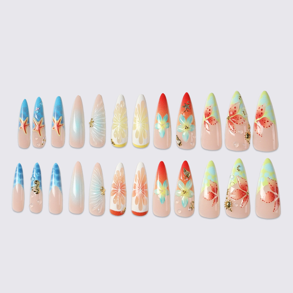 Kunstnagelset mit exquisiten Blüten- und Glitzermotiven Brehn