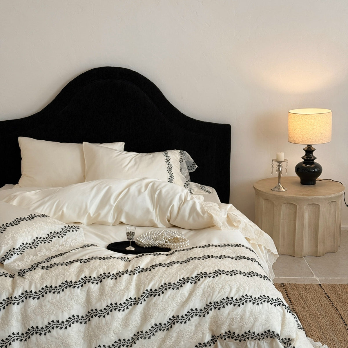Baumwoll-Satin Bestickte Wellig Spitzen Bettbezug Set