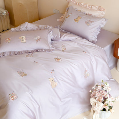 Rüschentiertes besticktes Baumwollsatin-Bettbezug-Set mit Teddy- und Eiscreme-Motiven