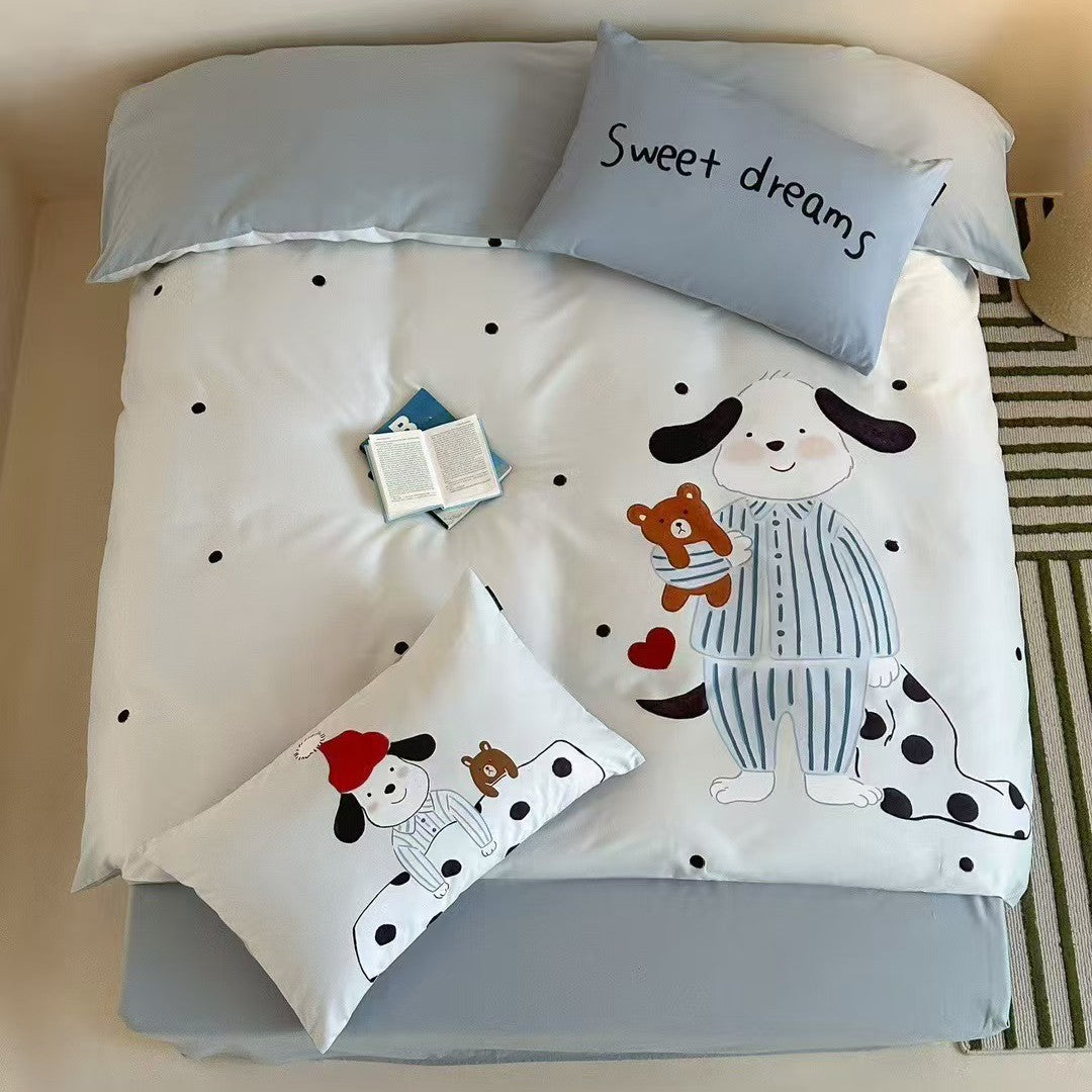 Mehrteiliges Bettbezug- und Kissenbezug-Set aus Baumwoll‑Musselin mit illustrativem Teddybär‑Familienprint