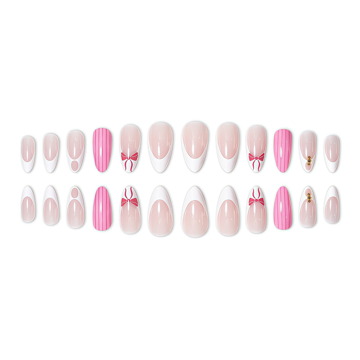 Künstlerische French Tip Pseudonägel mit Schleifenakzenten Brehn