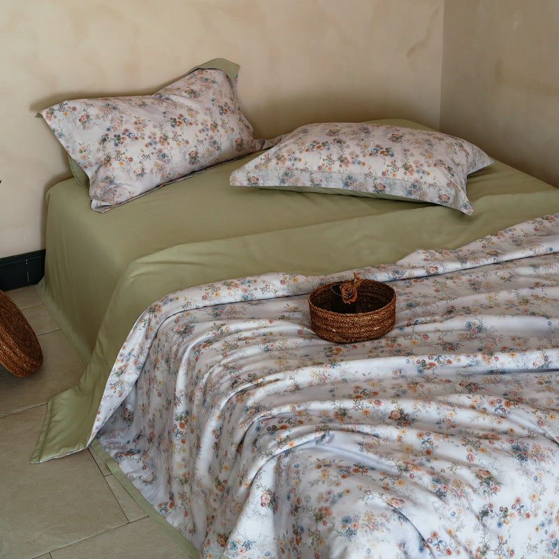 Baumwollsatin Bettbezug-Set mit leichter Leinen-Optik und Vintage-Blumenrapport