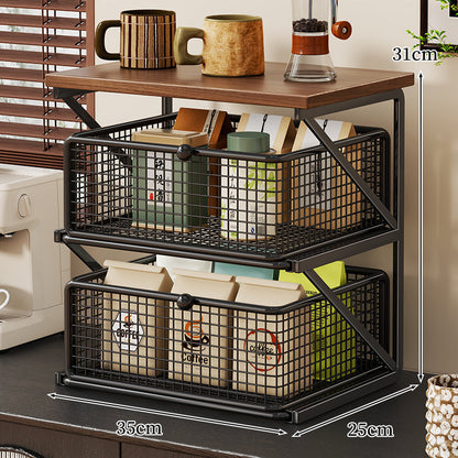 Küchenarbeitsplatte Kaffee Station Organizer mit Holzoberfläche und Metalldrahtkorb