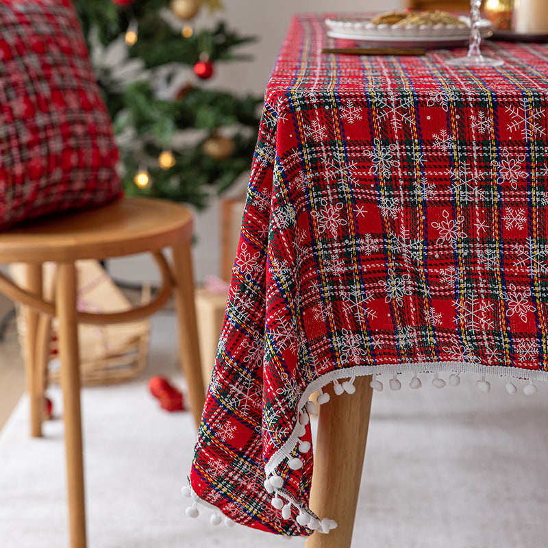Festliches Karomuster Pom-Pom Trim Rechteckige Tischdecke